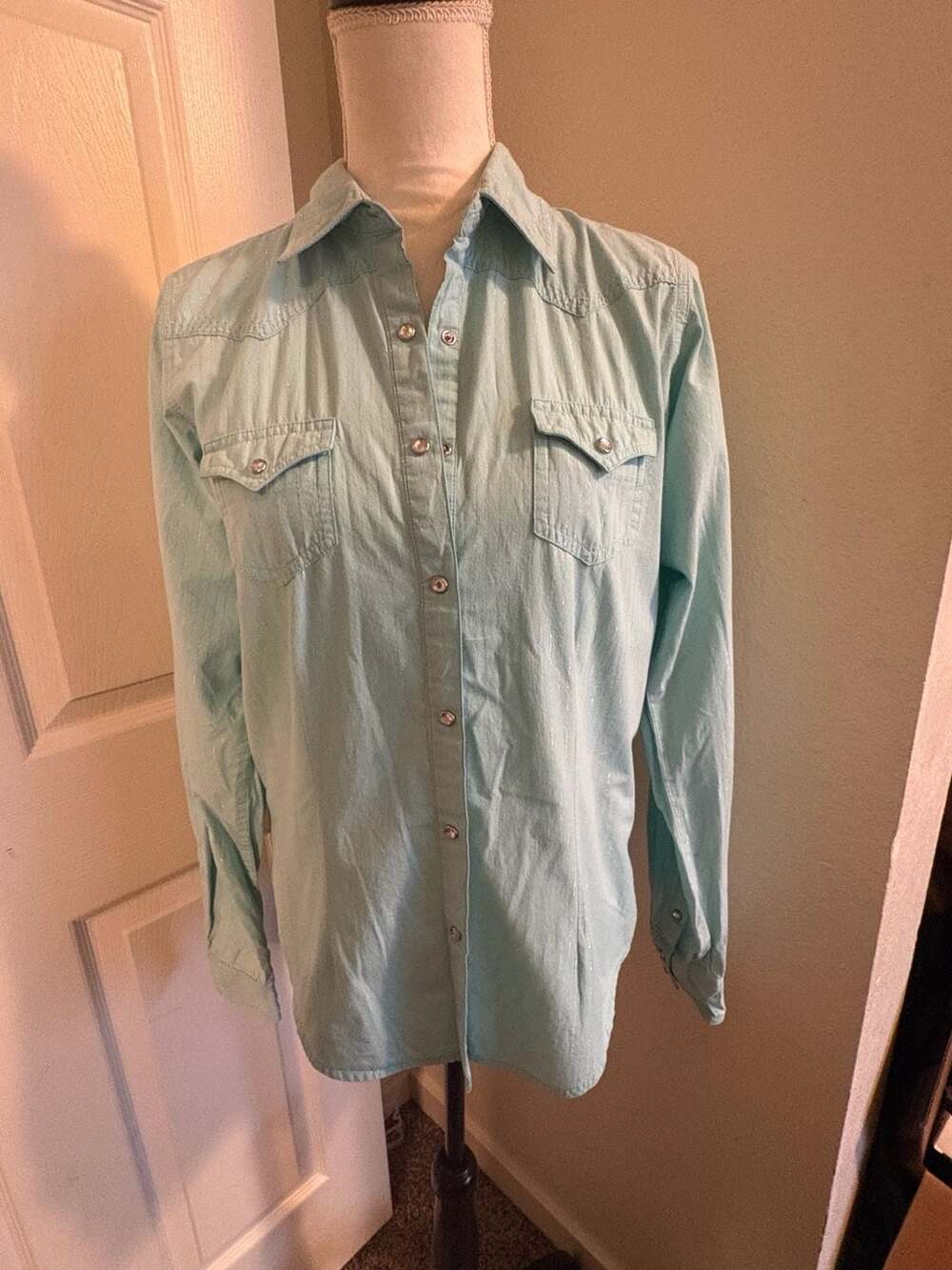 Twenty X Women Light Blue Green Pearl Snap Long Sleeve Western Shirt